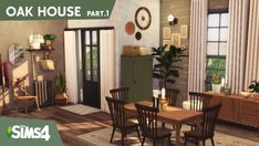 an animated image of a dining room and living room in the same house, with text overlay that reads oak house part 1