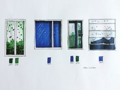 four windows with blue and green paint on them