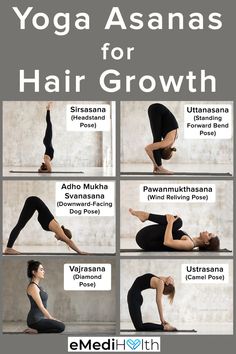 the yoga asasana for hair growth is shown in four different poses, with instructions to