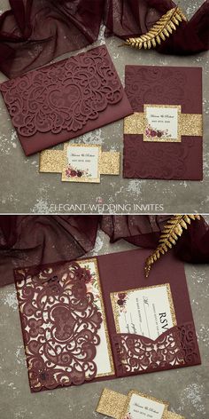 the wedding card is made with burgundy and gold paper, which are embellished with lace