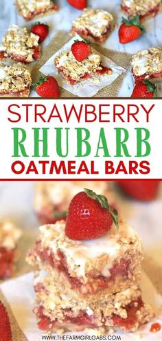 strawberry rhubarb oatmeal bars stacked on top of each other