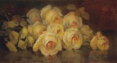 a painting of yellow roses on a brown table with other flowers in the foreground