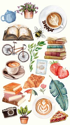 watercolor painting of coffee, books and other things