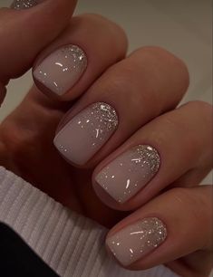 Glitter On Cuticle Nails, Bride Dip Nails Wedding, Gel Manicure Ideas For Short Nails Christmas, Short Nails Acrylic Christmas Design, Short Gel Nails With Glitter, Short Gel Glitter Nails, French Manicure Nails With Glitter, Classy Sparkle Nails, Dip Manicure Wedding Nails