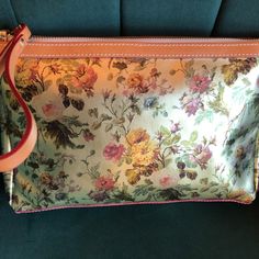 Italian Floral Metallic Leather Wristlet - New Without Tags This Colorful And Shiny Clutch Will Definitely Get You Noticed! With Beautiful Roses Pattern On Gold Metallic Background It's So Spring-Like And Refreshing - It's Like Carrying Bouquet Of Roses That Never Fade! Light Brown Leather Trim And Strap With Red Edging. Zipper Closure. Red Interior With 6 Credit Card Pockets And Another Large Pocket For Your Cell Phone On The Other Side. It's Very Roomy And Can Serve Double Duty As Cosmetic Cas Elegant Wristlet For Spring, Spring Gift Pouch Wristlet, Elegant Pink Wristlet For Spring, Gold Metallic Background, Gold Clutch Purse, Metallic Background, Black Clutch Bags, Gucci Clutch, Bouquet Of Roses