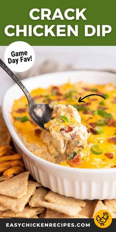 a spoon full of chicken dip with crackers on the side and text overlay that reads, cracker dip game day fav