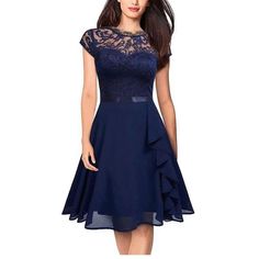 Fashion Evening Party Ball Gown Women Wedding Pageant Ladies Dresses Midi Dress Lace Wedding Guest Dress, Short Sleeve Wedding Dress, Floral Lace Shorts, Womens Prom Dresses, Dress Women Elegant, Ruffles Fashion, Womens Cocktail Dresses, Vestidos Vintage, Crewneck Dress