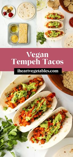 vegan tempeh tacos with guacamole and salsa on the side