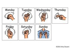 four different hand gestures are shown with the words monday, wednesday, friday and saturday