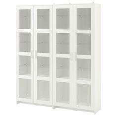 a white bookcase with glass doors on the front and bottom, in an upright position