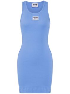 cornflower blue cotton ribbed knit appliqué logo scoop neck sleeveless straight hem thigh-length Casual Spring Elastane Bodycon Dress, Blue Scoop Neck Dress For Spring, Blue Scoop Neck Dresses For Spring, Spring Blue Dresses With Scoop Neck, Cotton Mini Bodycon Dress, Cotton Mini Length Bodycon Dress, Casual Ribbed Bodycon Dress With Scoop Neck, Casual Ribbed Scoop Neck Bodycon Dress, Casual Scoop Neck Elastane Dresses