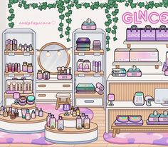 an illustration of the inside of a cosmetics store