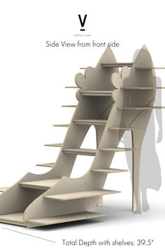 the side view from front to back of a pair of high heeled shoes on display