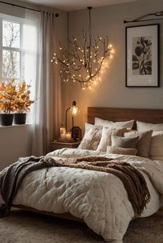 a bedroom with lights strung from the ceiling and a bed in front of a window