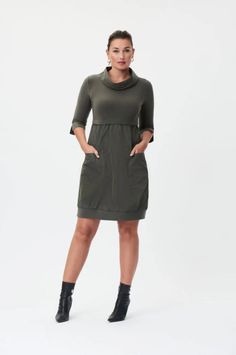 One of the essential styles from the Joseph Ribkoff range of dresses. Such a popular, edgy shape with a silky knit bodice front and back and memory fabric for the skirt and cuffs and roll collar. 3/4 sleeve and square vent entry patch pockets! The shape is very flattering for the figure and works for all sizes. Hand wash in cold water. Do not bleach. Low steam or iron if required. Do not dry clean. Fabrication Polyester and spandex for the silky knit jersey Polyester for the memory fabric. Midnight Blue Dress, Black Dress Style, White Dress Styles, Mini Jumpsuit, Black Tunic Dress, Joseph Ribkoff Dresses, Navy And White Dress, Rolled Collar, Fashion Forecasting