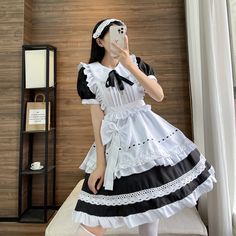 Black Maid Lolita Cosplay Dress Condition: Brand NewColor: Black Size: S-3XLMaterial: Cotton and PolyesterSleeves: Long SleevesIncluded: dress + apron + headgear + black tie Butler Uniform, Gothic Victorian Dresses, Dress Apron, Japanese Dress, Maid Dress, Skirt Long, Cosplay Dress, Cute Dress, Black Tie