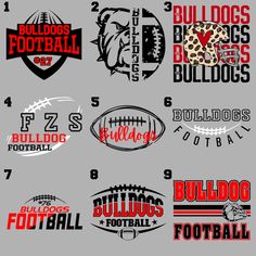 the logos for different sports teams are shown in red, white and black on a gray background