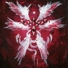 an abstract painting with white and red feathers on a black background, in the shape of a cross