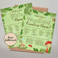 two children's woodland themed wedding games with the names and date printed on them