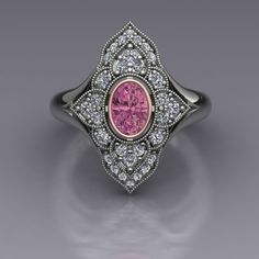 "An oval pink tourmaline is set in a rose gold bezel bezel in this diamond-studded dinner ring in 14k white gold. The vintage inspired diamond panels are edged with milgrain beading. The top of the ring measures about 20mm at the widest point. Pink Tourmaline Dimensions6x4mm EnhancementHeated Carat Weight 0.50 ColorMedium to dark pink ClaritySlightly included to eye clean CutGood PolishGood Diamonds Number22 EnhancementNatural Carat Total Weight0.29 ColorF-G ClaritySI1-2 CutVery Good PolishVery Good This is a custom made item! When you order, we will create a wax model of your ring with our 3D printer. This model is then cast in 14k gold, which is polished and set by hand. This process takes 3-4 weeks, so please allow for this time when ordering if your ring is for a special occasion. Your Dinner Ring, Ring With Diamond, Rhodolite Garnet, Best Diamond, Bezel Diamond, Art Deco Jewelry, Dream Jewelry, Love Ring, Vintage Diamond