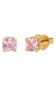 "Find KATE SPADE NEW YORK Cushion Cubic Zirconia Stud Earrings on Editorialist. Sparkle through your day with prong-set, cushion-cut cubic zirconia stud earrings framed at the base in mini cubic zirconia. 1/4\" diameter Post back Goldtone or silvertone plate/cubic zirconia Imported" Earring Frame, Square Stud, Square Cut, Cushion Cut, Pink Gold, Kate Spade New York, Prong Setting, Pink And Gold, Cubic Zirconia