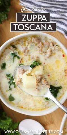 a white bowl filled with zupa toscana soup