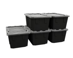 four black plastic storage containers with lids