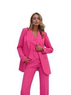 Three-piece pantsuit for women: straight leg pants with high rise, buttoned vest and lined blazer Please note suit measurements  Pants length inseam is 36 inches or 91 cm Sleeve length 24 inches or 61 cm Our Women's Blazer Trouser Suit for office, business meetings, formal events and special occasions. Always trendy, classic and o good looking DETAILS -  straight leg pants -  high rise -  blazer is buttoned -  lined -  side pockets -  relaxed fit -  single breasted -  buttoned vest MATERIAL Prem Fitted Pantsuit For Career, Spring Tailored Career Suits, Fitted Three-piece Suit For Spring Office Wear, Tailored Three-piece Suit With Notch Lapel For Spring, Spring Three-piece Suit With Notch Lapel, Spring Three-piece Suit For Workwear, Spring Three-piece Suit With Notch Lapel For Work, Classic Three-piece Suit For Office In Spring, Spring Workwear Three-piece Suit With Notch Lapel