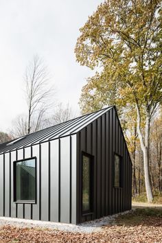 a small black and white house in the woods with leaves on the ground next to it