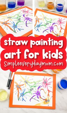 three pictures with the words straw painting art for kids on them and some watercolor paints