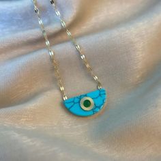 Blue Spiritual Gold-plated Necklaces, Turquoise Round Gold-plated Jewelry, Turquoise Gold-plated Round Jewelry, Turquoise Pendant Jewelry With Delicate Chain, Turquoise Evil Eye Round Pendant Jewelry, Turquoise Pendant With Delicate Chain, Elegant Turquoise Charm Necklaces With Adjustable Chain, Elegant Turquoise Charm Necklace With Adjustable Chain, Turquoise Clavicle Chain Necklace For Jewelry Making