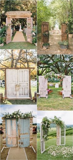 an outdoor ceremony with wooden doors, flowers and greenery on the side of it