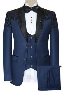 Introducing our Navy Tuxedo Black Lapel, the epitome of sophistication and style. Crafted with premium Italian suiting fabric and adorned with hand work, this bespoke masterpiece is your ticket to turning heads at weddings, galas, and special occasions. -The hand-embellished shawl adds a touch of elegance and sophistication to your look. Bridgerton Tuxedo, Black And Royal Blue Wedding, Navy Blue Suits For Men, Navy Blue Prom Suits, Shirt And Waistcoat, Blue Prom Suit, Fancy Jackets, Navy Blue Tuxedo, Dream Quinceanera