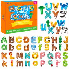 the magnetic animal alphabet is shown in front of an orange box with letters and numbers