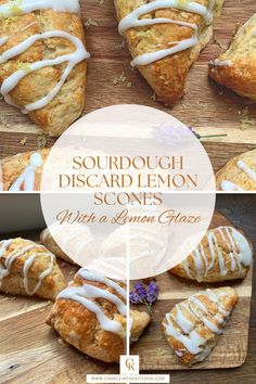 scones with lemon glaze are on a cutting board and the words sourdough di