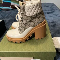 These Gucci Lace-Up Ankle Boots Are Super Fun. They Are Creme With Classic Gucci Pattern Accents. They Are Easy To Walk In And Go With Jeans, A Sweater Dress, Or Cute Skirt. I’ve Worn These A Few Times And They Have Some Very Minor Scuffs That Can Be Buffed Out. Take A Look At The Pics. They Are Cream And Classic Gucci Color Patterned. Gucci Luxury Ankle Boots, Gucci Designer Leather Boots, Designer Gucci Leather Boots, Luxury Beige Boots For Fall, Gucci Ankle Boots With Reinforced Heel, Gucci Brown Ankle Boots, Gucci Designer Ankle Boots, Designer Boots With Reinforced Block Heel, Designer Heeled Boots With Leather Sole And Round Toe