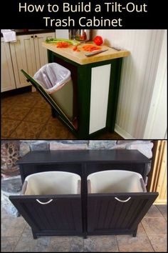 two pictures side by side with trash cans in them and the same one has been turned into a kitchen island