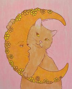 a drawing of a cat sitting on the moon with flowers around it's neck