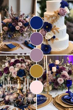 the wedding cake is decorated with blue, purple and gold flowers on it's table