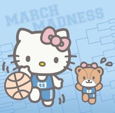 an image of a hello kitty with a basketball on it's chest and another character holding a teddy bear