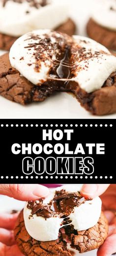 Collage of ooey gooey chot chocolate cookie at top and bottom. Hot Chocolate Cookies Recipe, Cup Of Hot Cocoa, Yummy Pie Recipes, Cookie Recipe Video, Hot Cocoa Cookies, Hot Chocolate Cookies, Cocoa Cookies, Holiday Favorite Recipes