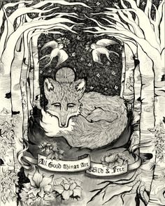 a black and white drawing of a fox sleeping in the woods with birds around it