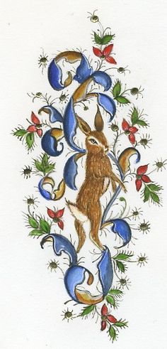 a drawing of a rabbit surrounded by leaves and flowers on a white paper with blue ink