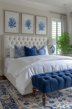 preppy costal bedroom, beachy bedroom, ocean-themed bedroom, bedroom inspo, blue white bedroom