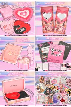 the contents of a pink box with hearts and other items