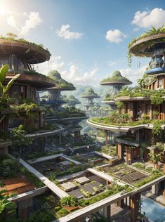 an artist's rendering of a futuristic city surrounded by trees and plants, with lots of greenery on the rooftops