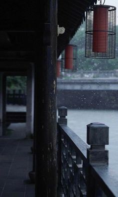 a bird cage hanging from the side of a building next to a body of water