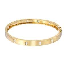 A classic! This beautiful 14k gold bracelet is studded with baguette diamonds all the way around. Use it as the starting point to an amazing stack of bracelets. This bangle comes as standard in a 6.5" size - other sizes are available to order. SKU: BG0100177 Total diamond weight: 0.80ct 14k gold - available to order in rose, white and yellow. Stack Of Bracelets, Bracelet Inspo, Modern Gold Jewelry, Gold Chain Design, Gold Chains For Men, Baguette Diamonds, Baguette Cut Diamond, Chain Design, Diamond Bangle