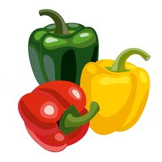 three different colored peppers on a white background