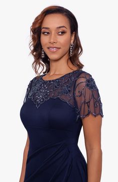 Xscape Beaded Short Sleeve Chiffon Gown | Nordstrom Mother Of The Bride Fashion, Mother Of The Bride Dresses Long, Mini Prom Dresses, Intricate Beading, Fashion Nova Outfits, Mother Of Groom Dresses, Groom Dresses, Mob Dresses, Beaded Chiffon